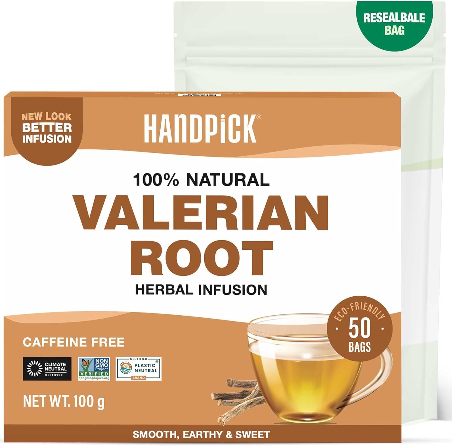 HANDPICKValerian Root Tea Bags (Valeriana) 50 Count | Non-GMO, Caffeine Free, Real Ingredients | Earthy/Woody Herbal Tea Bags | Round Eco-conscious Tea Bags