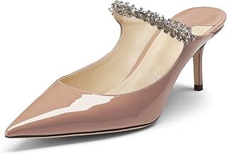 Women Heeled Mules Rhinestone Strappy Pointed Toe Mules Stiletto High Heels Slip On Bridal Sandals for Women 6.5cm US Size 10 Nude