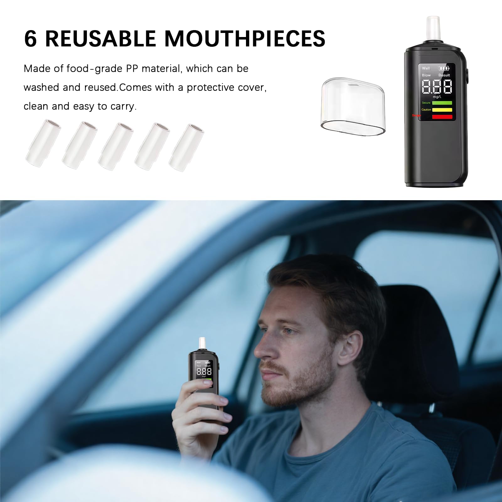 Alcoholimetro- Alcoholímetros con 6 boquillas Reutilizables, alcolimetro Profesional portátil con Pantalla Digital LCD, Test alcoholemia para Uso doméstico y Fiestas, AT02