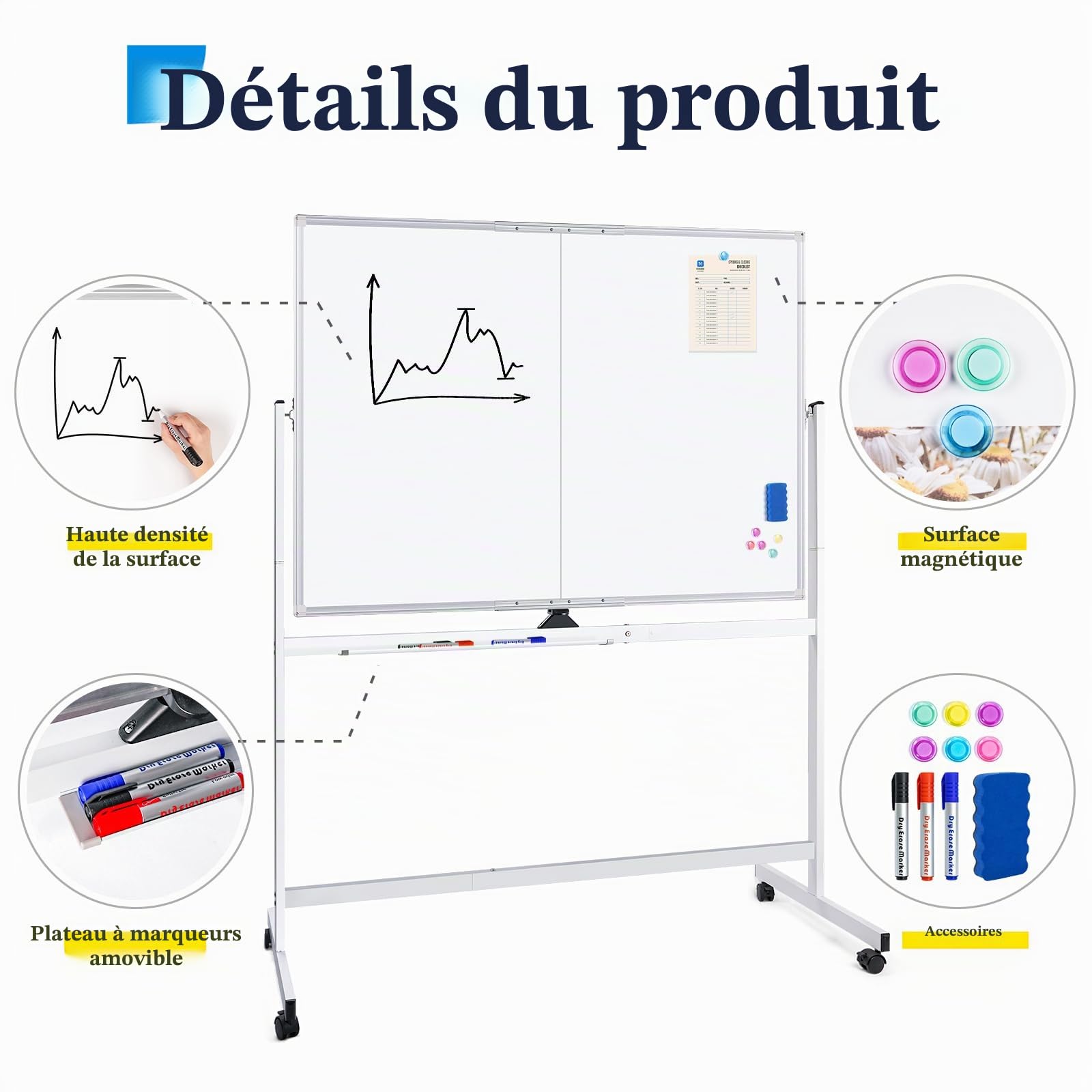 maxtek Tableau Blanc Mobile 150 x 120 cm, Grand Tableau Blanc Magnétique avec Supports, Double Face Effaçable à Sec, Cadre en Aluminium pour l'école à Domicile, le Bureau à Domicile, le Bureau