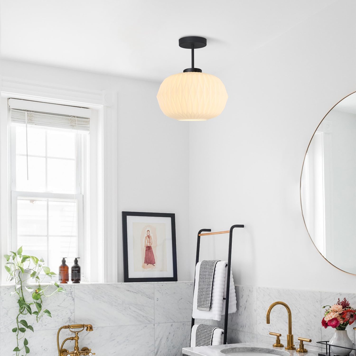 Semi Flush Mount Ceiling Light Modern Black Close to Ceiling Light Fixture Vintage Striation Glass Ceiling Lamp Industrial Chandelier for Hallway Bedroom