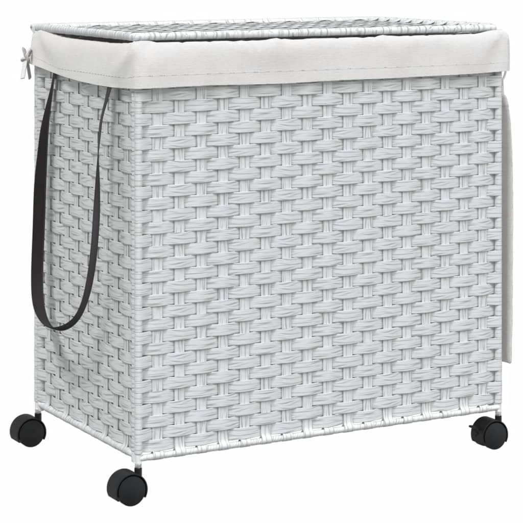 Rattan kosz na pranie z pokrywą i rolkami, 60 x 35 x 60,5 cm, biały – ręcznie pleciony kosz z wyjmowanym workiem wewnętrznym, trzema przegródkami i hamulcami, składany, zajmuje mało miejsca