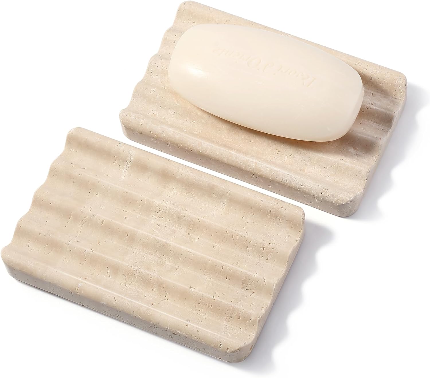 Koville 2PCS Travertine Soap Dishes for Shower, Marble Soap Dish Bar Soap Holder for Sink, Stone Soap Tray for Bathroom, Stripe Grooves Saver Keep Bars Dry Easy Clean