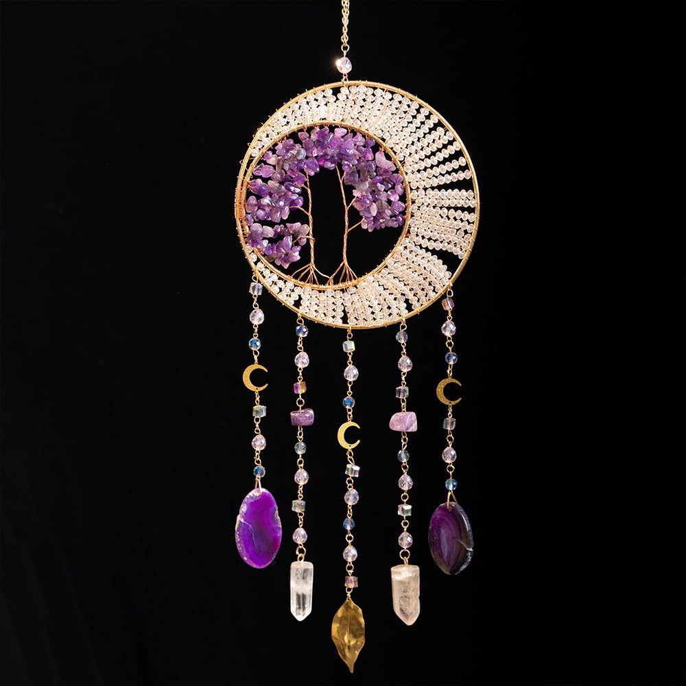 Kryształowa ozdoba odbijająca światło, Ametystowe kryształowe drzewo życia Suncatcher z zawieszkami w kształcie półksiężyca 49x16cm