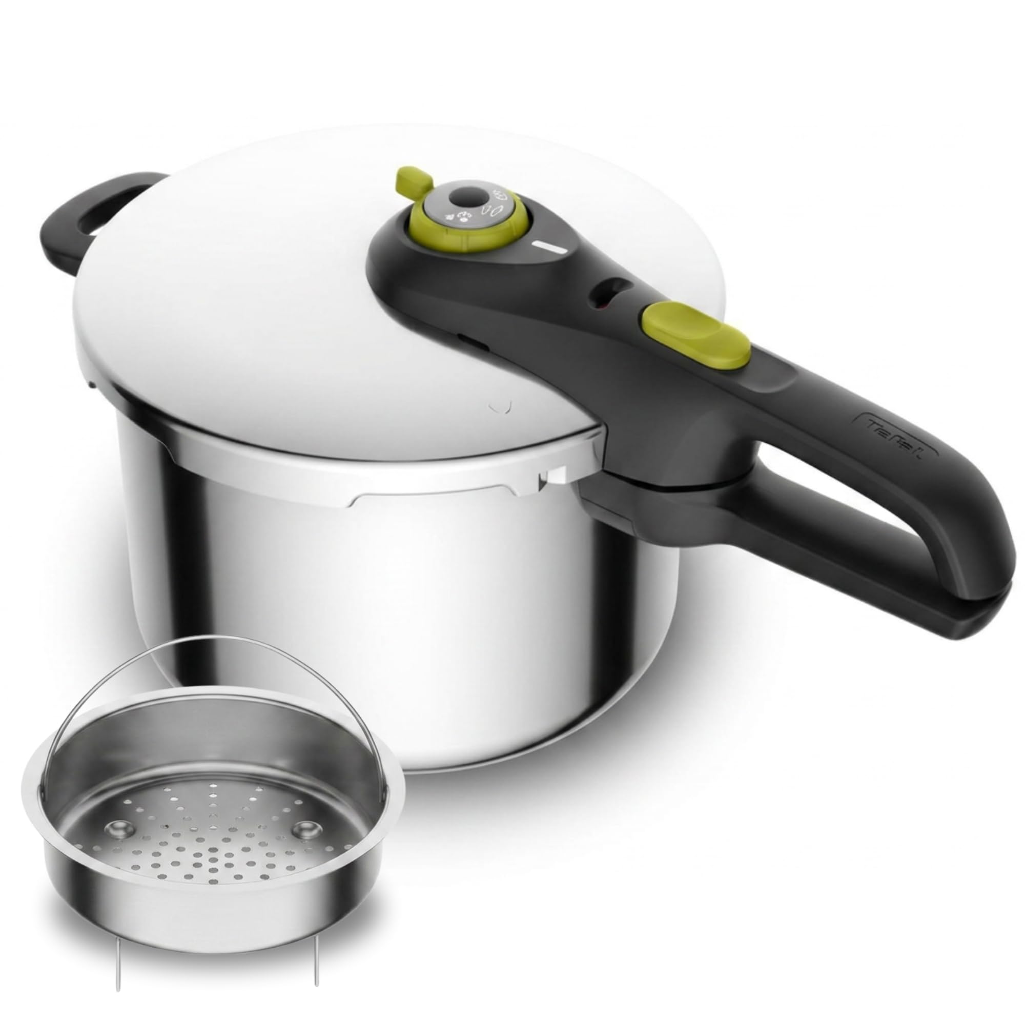 Tefal Secure 5 Neo - Olla a presión de 6L + Cestillo | Acero inoxidable, Cocción a presión, 2 Programas, sistema seguridad 5 puntos, Apta para todo tipo de cocinas y lavavajillas