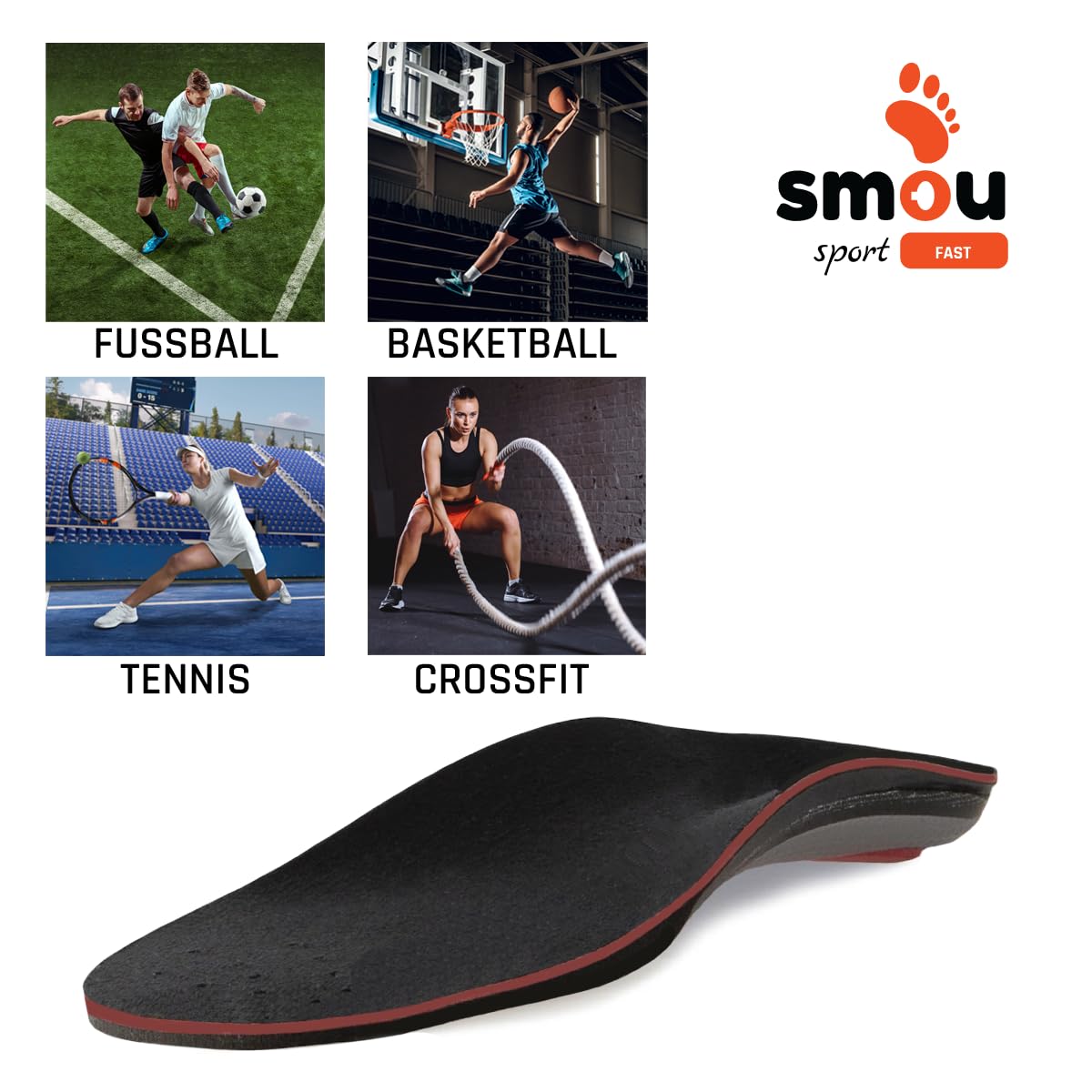 SMOU SPORT FAST Einlegesohlen Memory Foam für Sport Damen und Herren | Padel-Tennis | Impuls-Gleichgewicht | Fußgewölbeunterstützung | Memory Foam hohe Dämpfung | für Sportschuhe (45-46 EU)