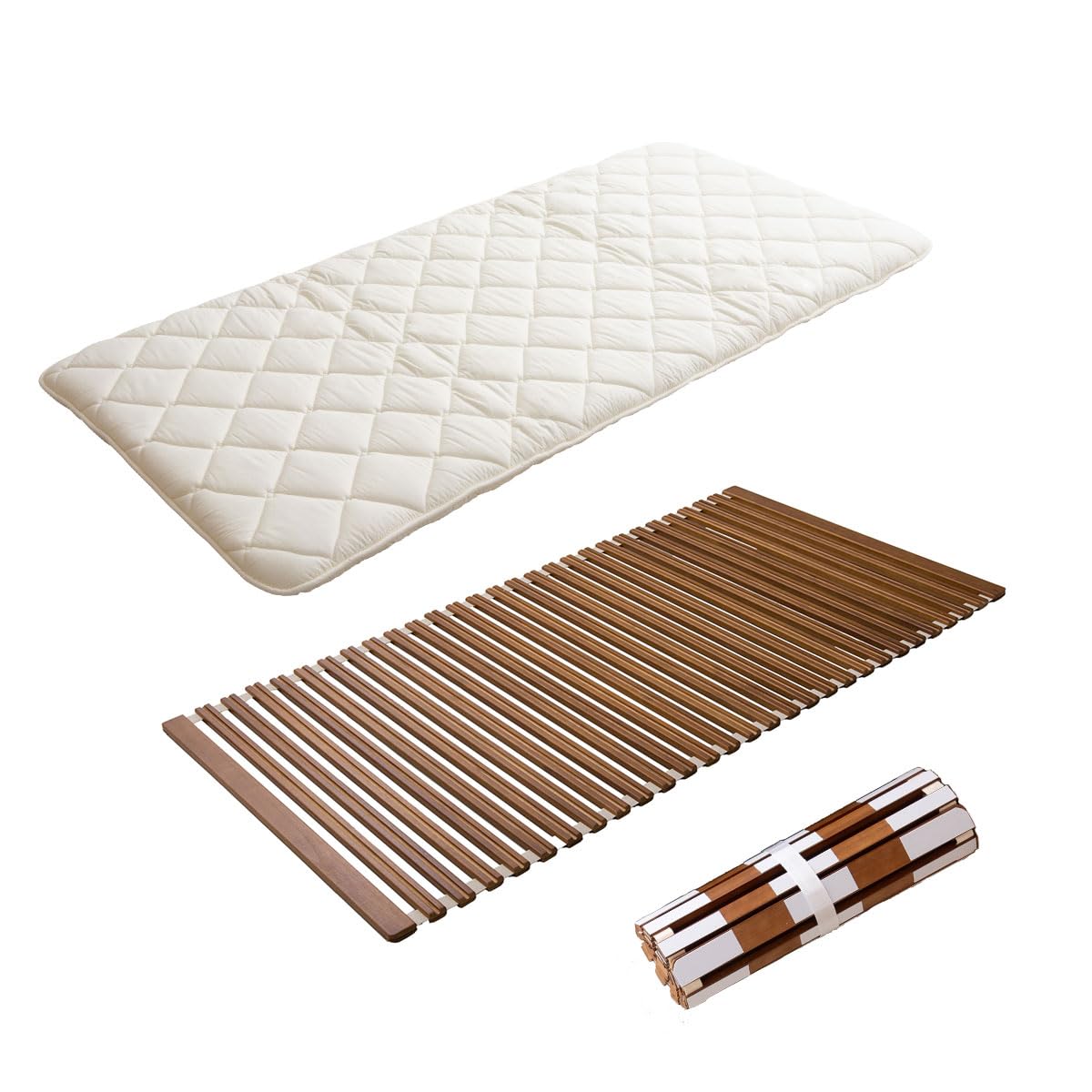 EMOOR Japanese Futon Mattress & Roll-Type Wood Slatted Bed Set CLASSE-OSMOS-ROLL Twin (Brown), Cotton Polyester Solid Paulownia Sleeping Bed Tatami Mat