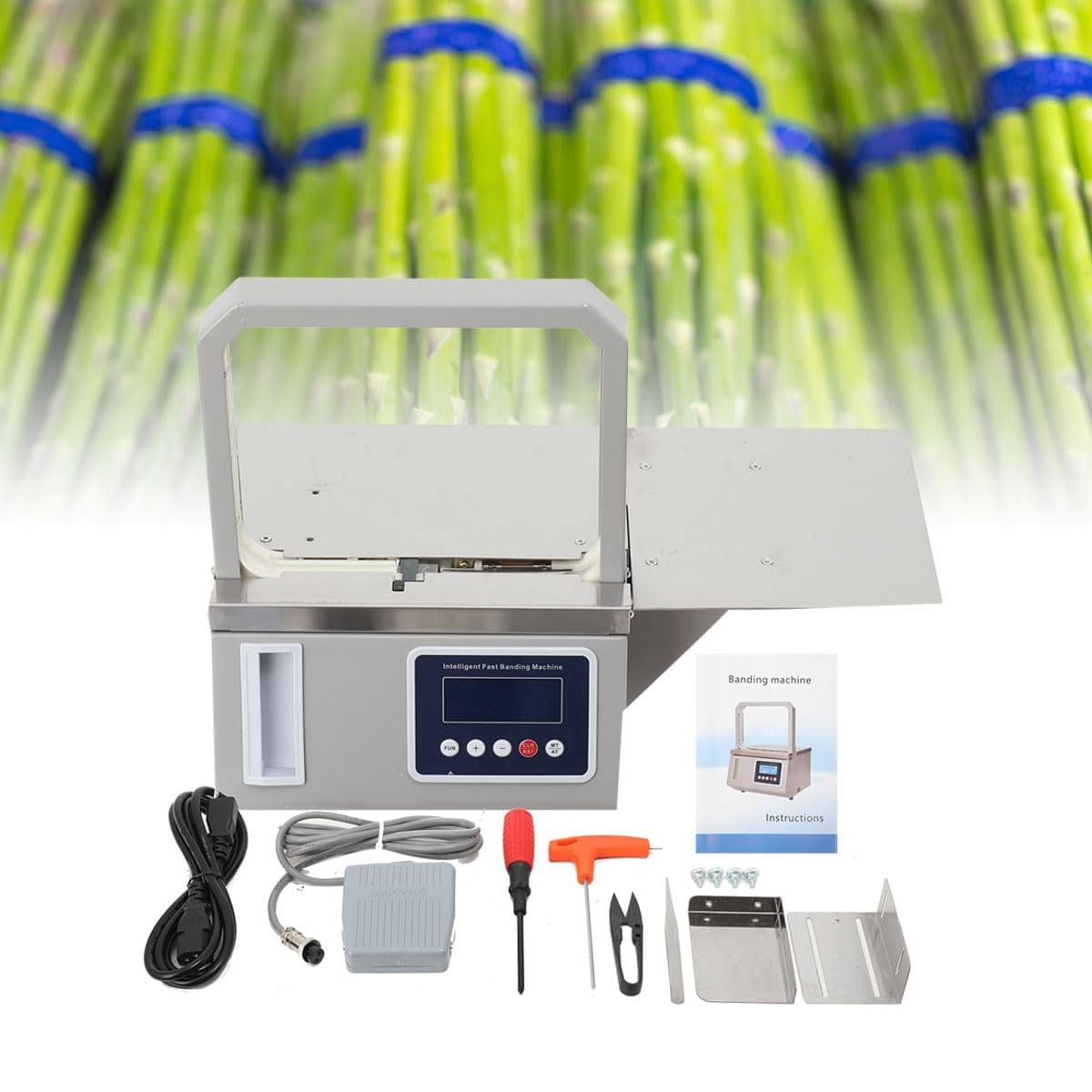 MANYOUYOU Small Automatic Opp Tape Strapping Machine,Photoelectric Intelligent Supermarket Fresh Vegetable Tying Machine, Two Operating Modes: Automatic Sensing and Foot Pedal Switch 22 * 22