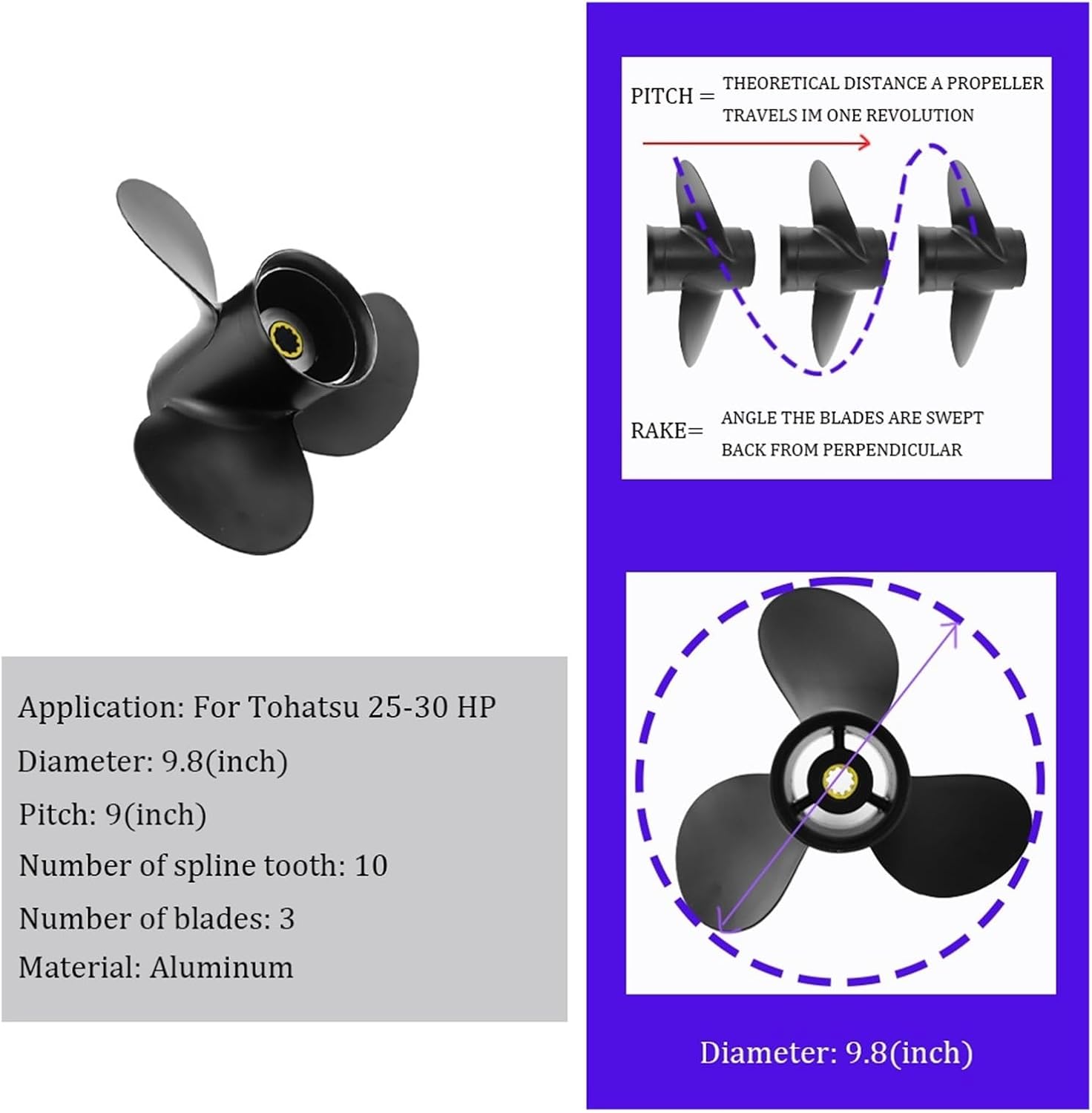 ボートプロペラ 9 1/4x11 船外機用 8HP 9.9HP 15HP 20HP アルミニウム 10