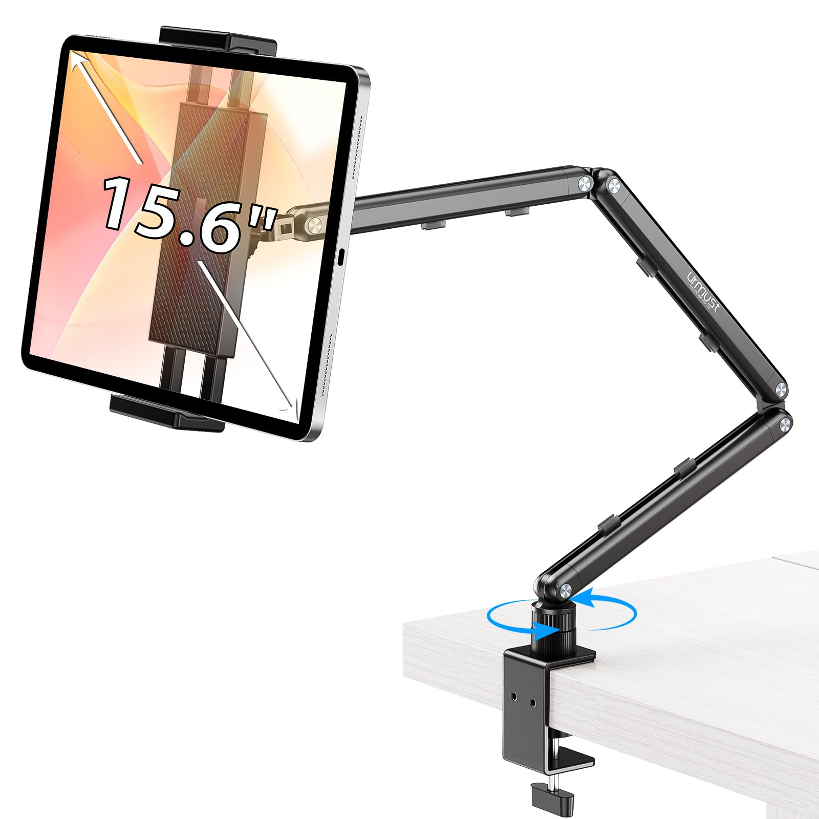 Urmust Tablet Stand for Desk Adjustable iPad Holder Clamp Mount 360 Rotation Sturdy Aluminum Tablet Arm Mount for
