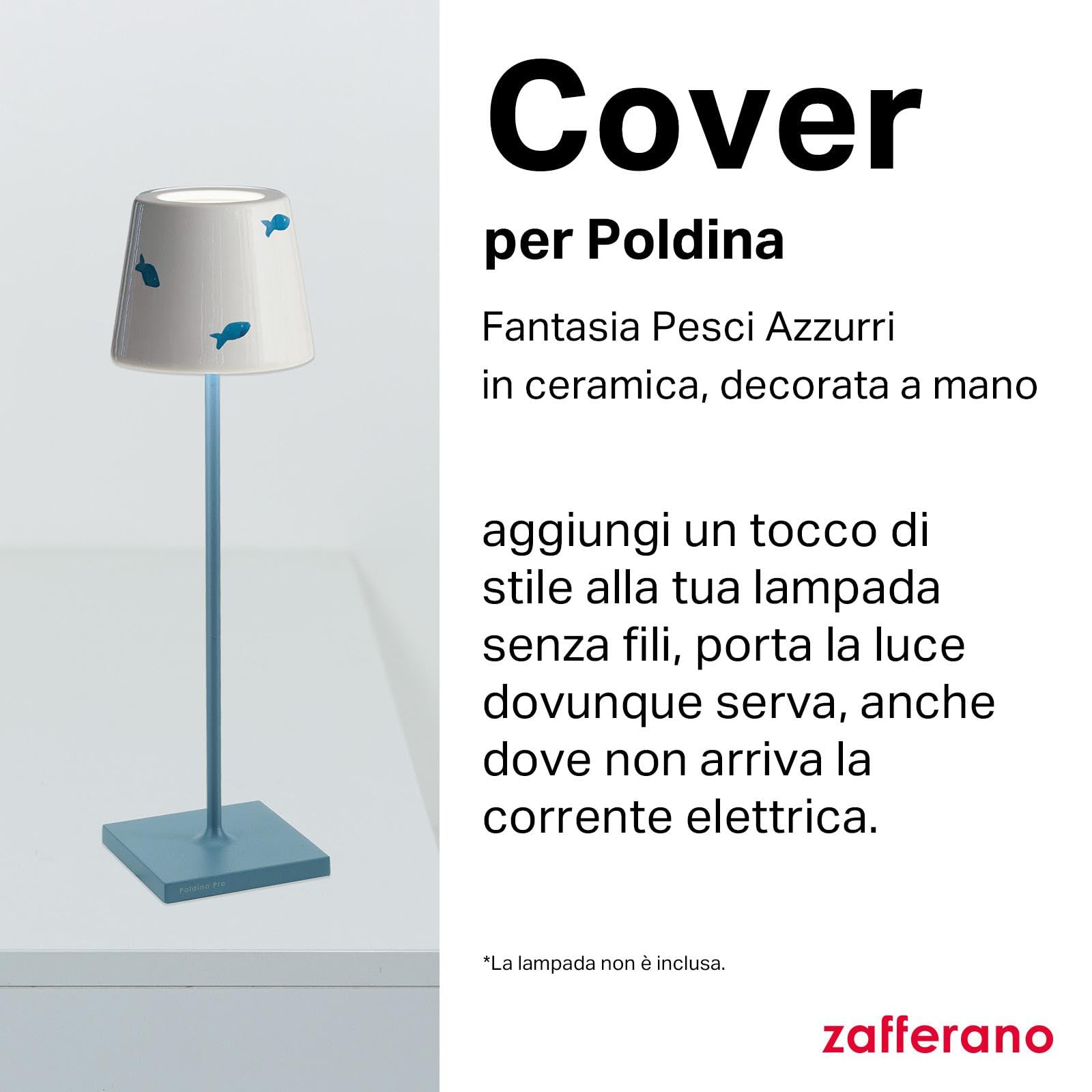 Zafferano, Poldina Cover, Cover in Ceramica Decorata a Mano per Lampada da Tavolo, Paralume Compatibile con le Lampade Poldina, Made in Italy, Ø13 x 10 cm, Color Bianco - Pesci Azzurri