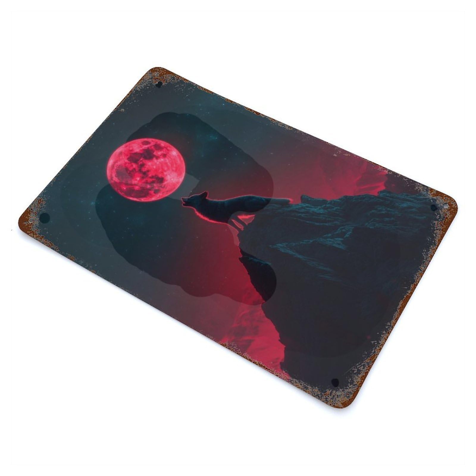 Wolf Howling at Blood Moon Distressed Metal Wall Sign 11.8"x7.9", Industrial Home Decor for Garage, Pub Or Kitchen