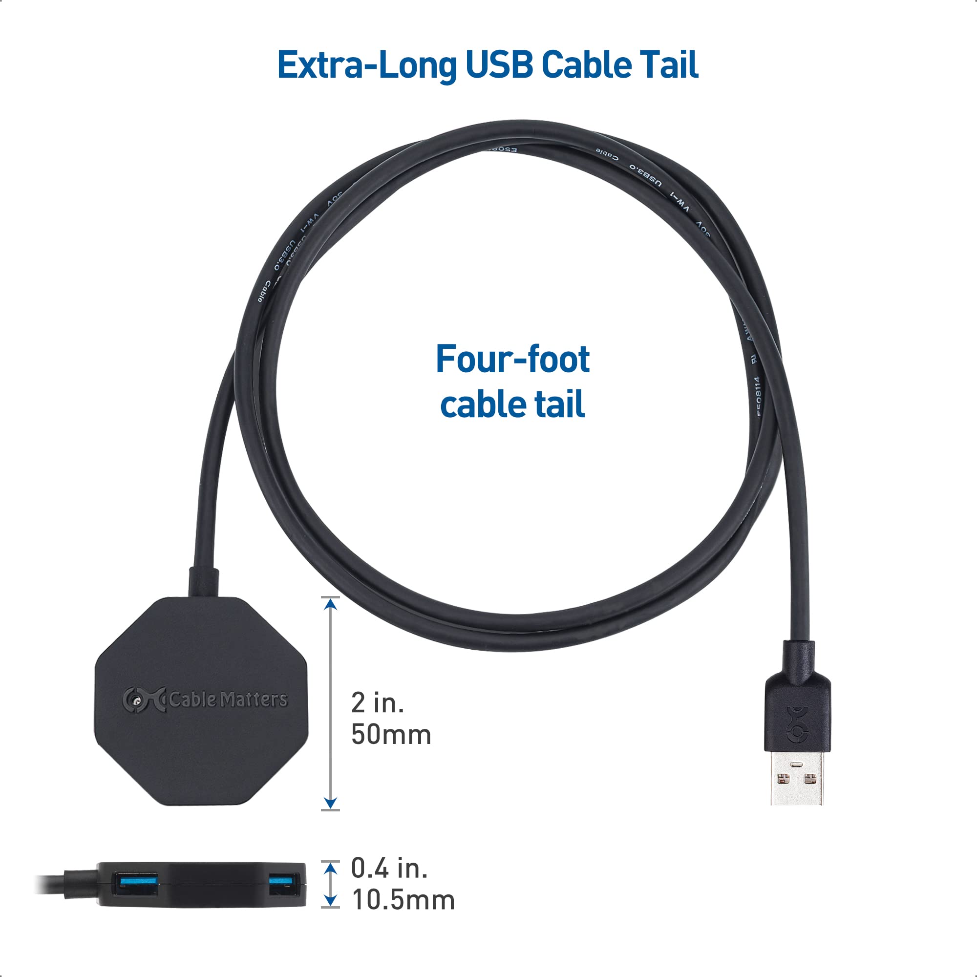 Cable Matters Ultra Mini Hub USB a 4 porte con cavo di prolunga lungo 1,2 m, hub USB 3.0 con porte multiple per velocità di trasferimento dati fino a 5 Gbps, nero
