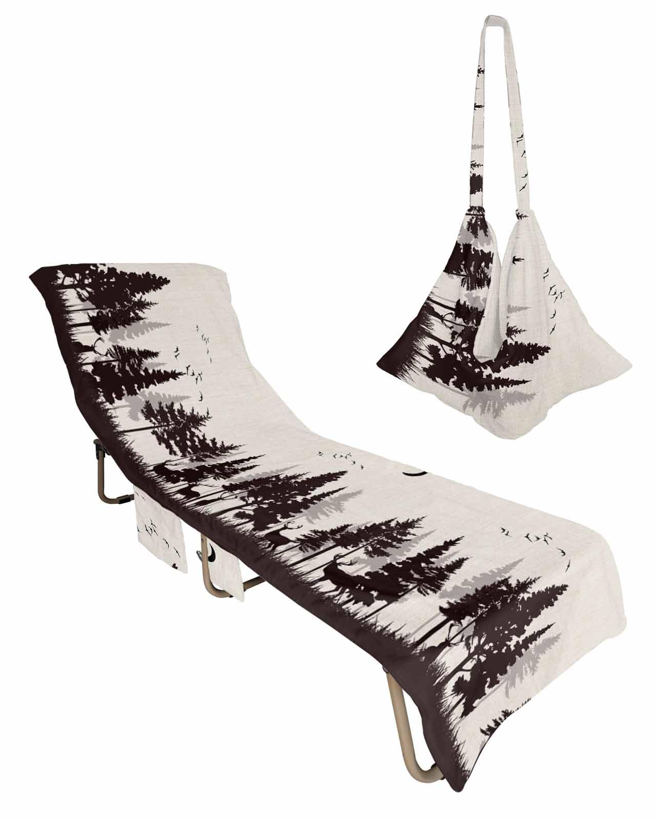 Grey Forest Elk Beach Lounge Chair Towel Cover, Soft Chaise Lounge Towel with Side Pockets Patio Pool Chairs Cover for Beach/Pool Sunbathing 29x85 Deer Birds Farmhouse Rustic Tree Botanical