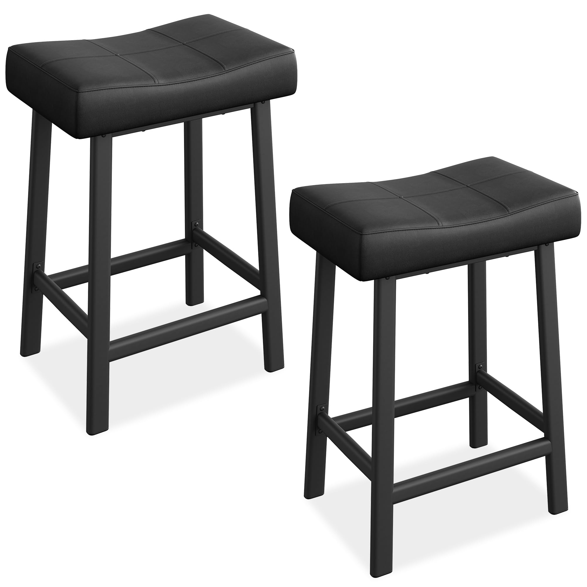 IDEALHOUSE 24 Inch Backless Saddle Barstools Set of 2, Counter Height Upholstered Padded Barstools with Curved Surface, Metal Leg and Footrest, for