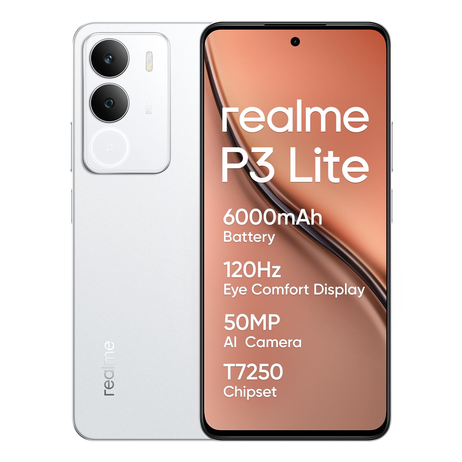 realme P3 lite, Smartphone,Bianco, 8+256 GB, display Eye Comfort da 120 Hz, batteria da 6000 mAh, chipset T7250, fotocamera AI da 50 MP, ricarica da 15 W (senza adattatore)