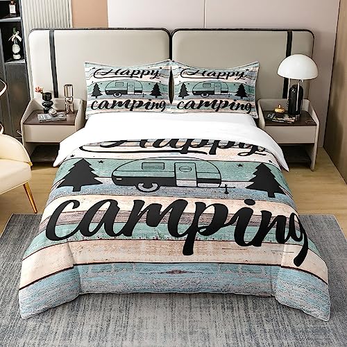 Camper Twin Size Zipper Happy Camping Bedding for Kids Rustic Farmhouse Style Duvet Cover 100% Cotton, Camper Accessories for Travel Trailers, Camper Must Haves,Teal Blue Vintage Wooden Quilt Cover