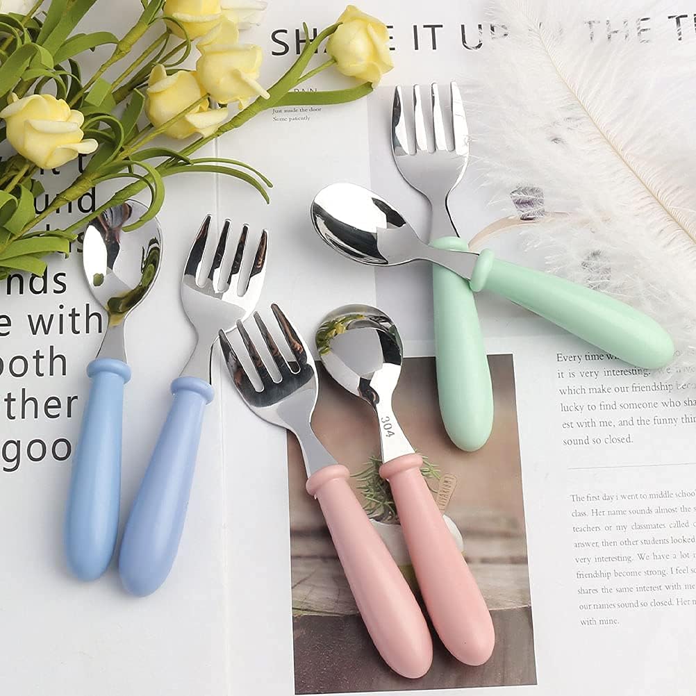 6 Pieces Toddler Utensils Stainless Steel Forks and Spoons Kids Silverware Children's Flatware Kids Cutlery Set with Round Handle for LunchBox, 3 x Safe Forks,3 x Children Spoons : Baby