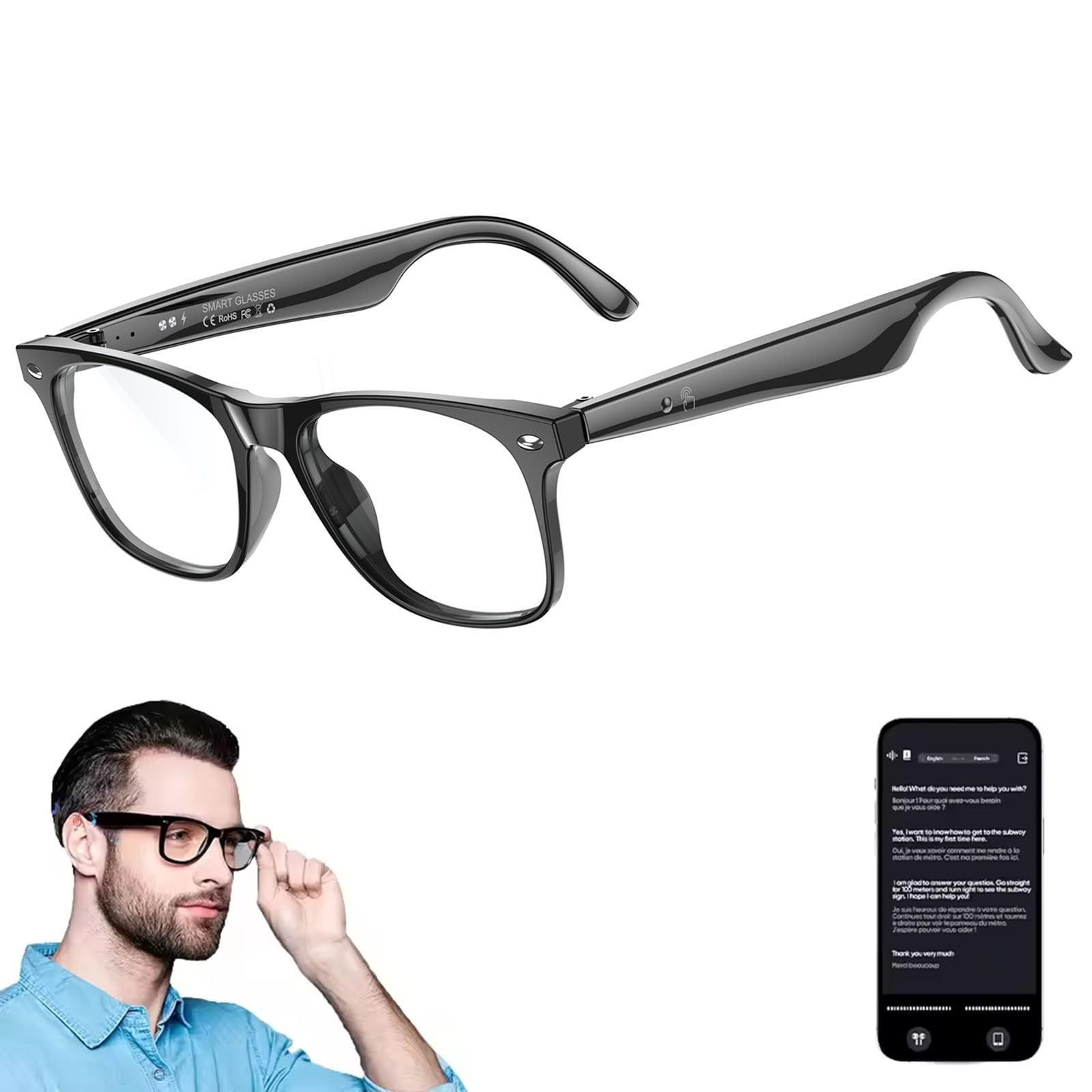 Occhiali intelligenti con Bluetooth, 160+ lingue, blocco della luce blu, assistente AI, auricolari aperti, occhiali audio