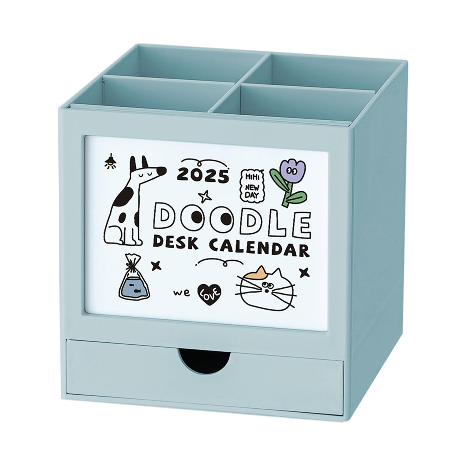 Organizzatori multiuso per penne con calendario 2025 e cassetto portapenne da scrivania a 4 scomparti organizer per matite rotanti per studenti insegnanti uso ufficio