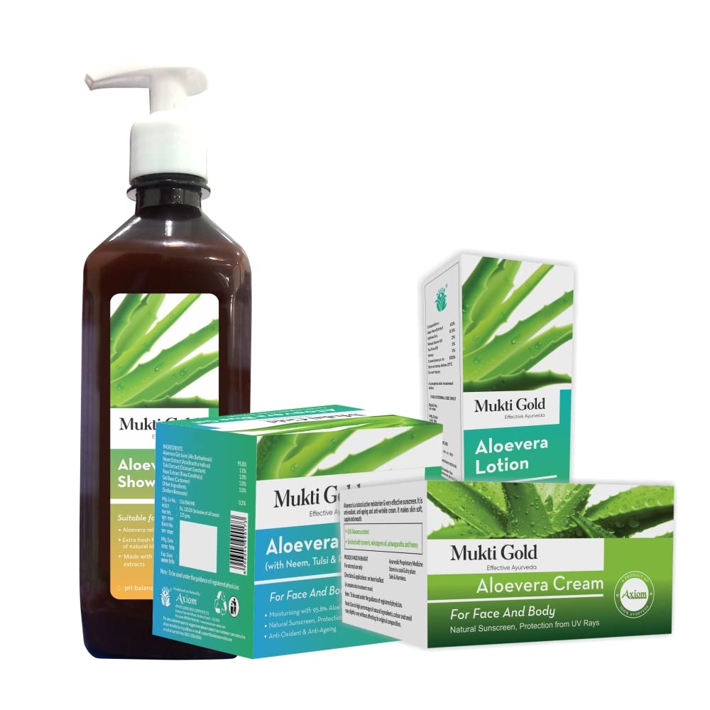 AxiomSkin Care Pack of Aloevera Cream 50g + Aloevera lotion 50g + Aloevera Blue gel 125g + Aloevera Showergel 250ml I 100% Natural WHO-GLP,GMP,ISO Certified Product