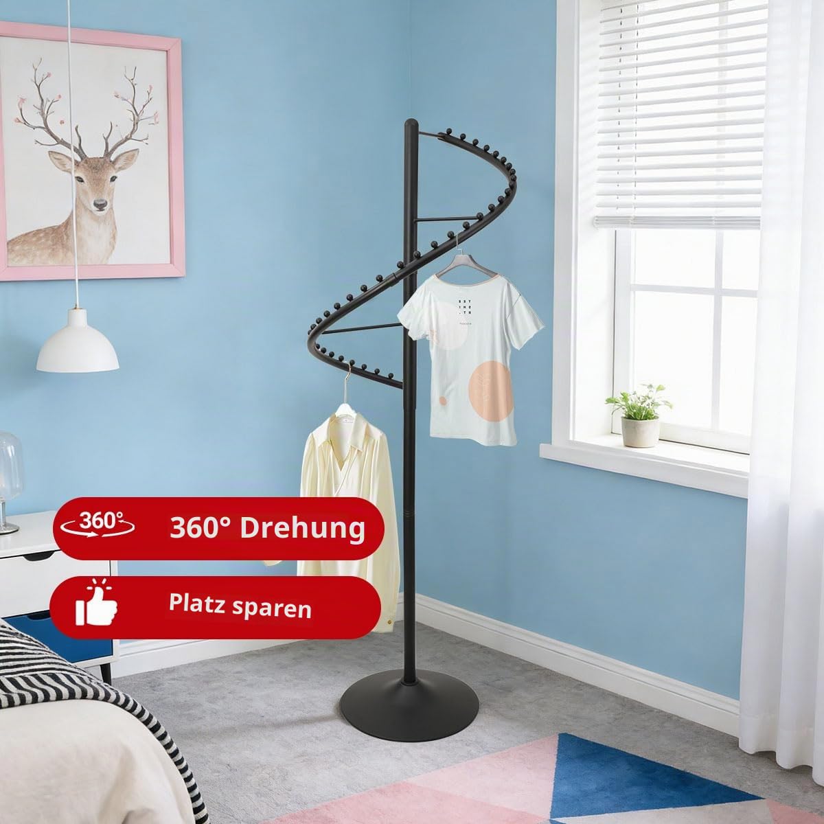 360° Drehbar Kleiderständer,180cm Spiral-Kleiderständer Freistehender Kleiderstange Metall Standkleiderstände, Multifunktional Garderobenständer für Schlafzimmer, Wohnzimmer, Geschäfte, Schwarz