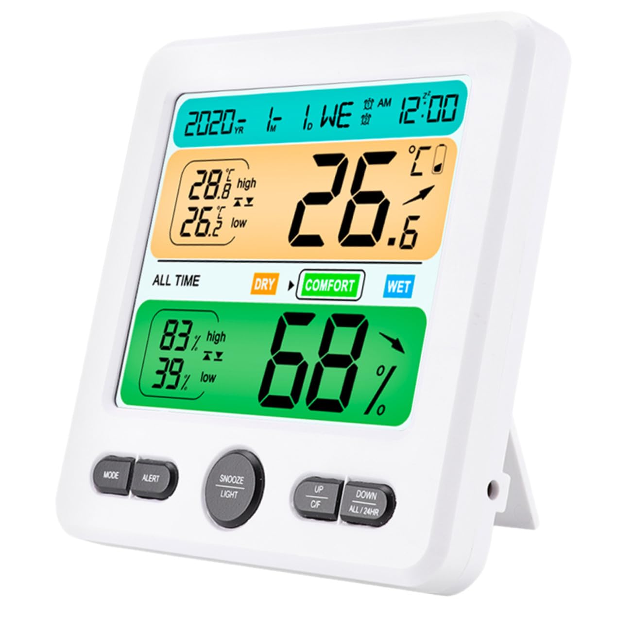 Termometro Igrometro Digitale da Parete con Display Grande Monitoraggio Temperatura e Umidità Interno Orologio Calendario Integrato Sensore Preciso in Abs per Ufficio Casa Scuola