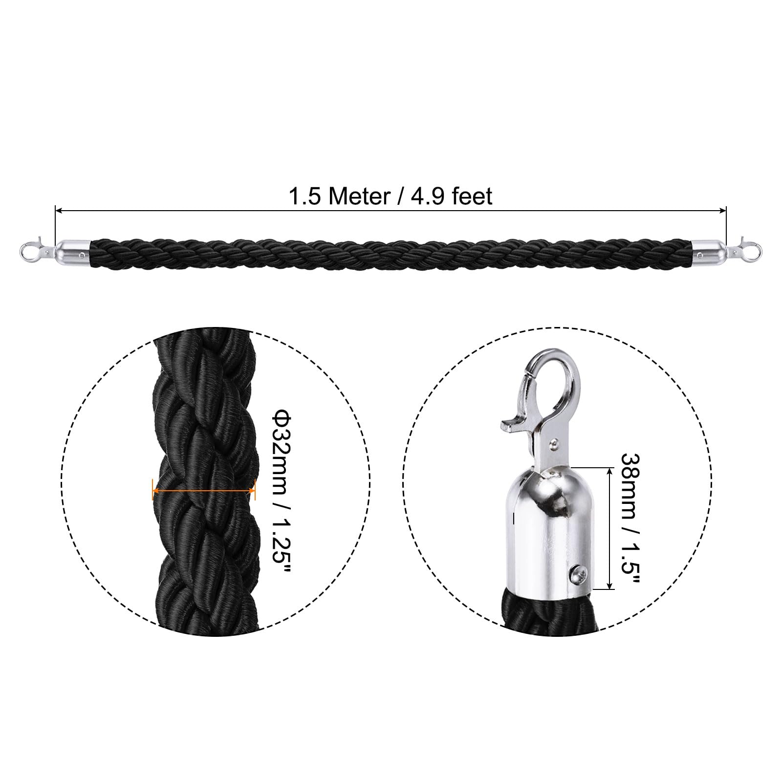PATIKIL Stanchion Rope, 2 Pack 1.5m/5Ft Barrier Rope Twisted Post Ropes with Snap Hooks for Posts Stands Queue Divider Crowd Control of Hotel, Black Silver