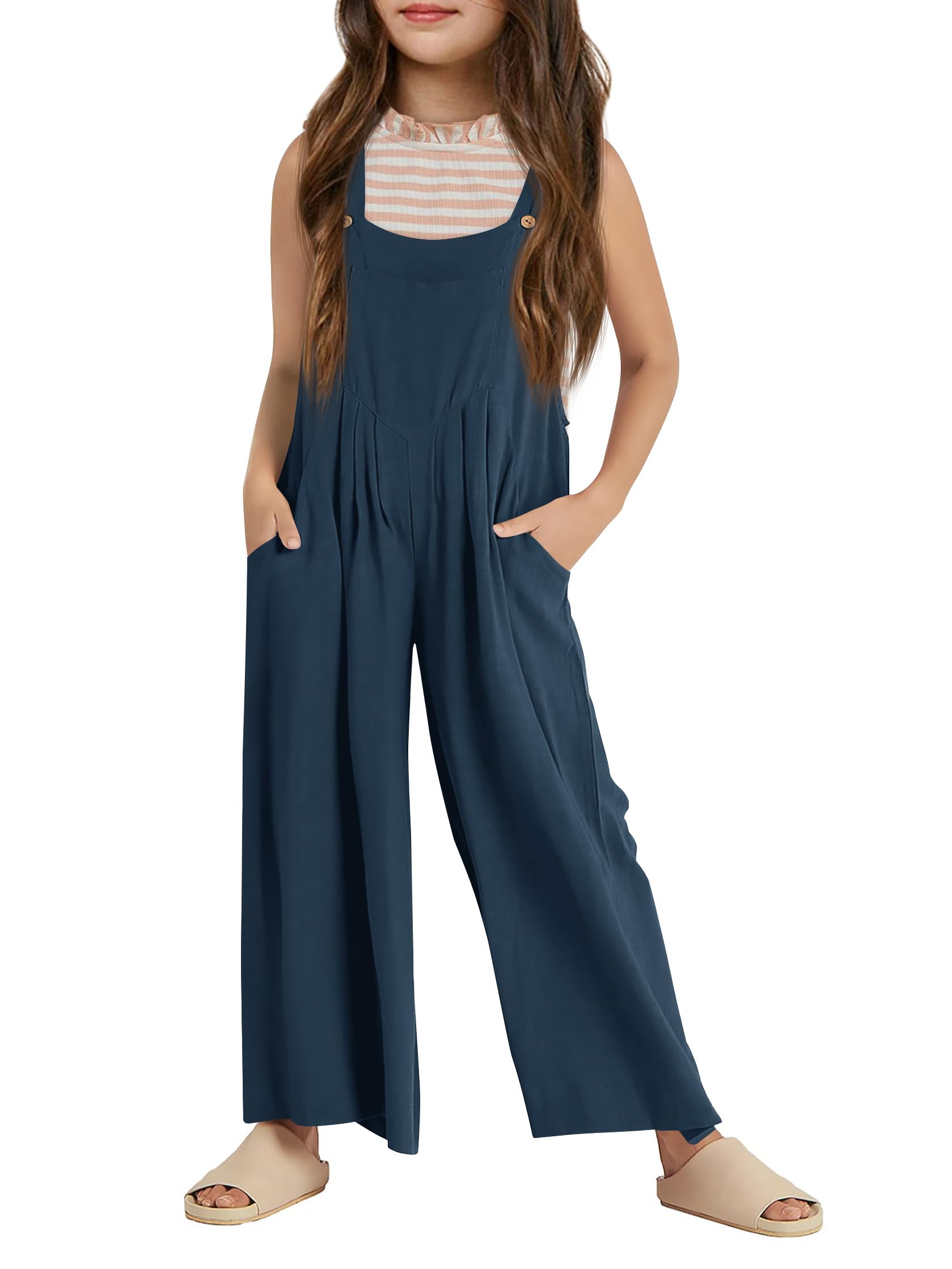 Haloumoning Girls Overalls Kids Casual Sleeveless Wide Leg Jumpsuit Loose Rompers with Pockets 5-14 Years
