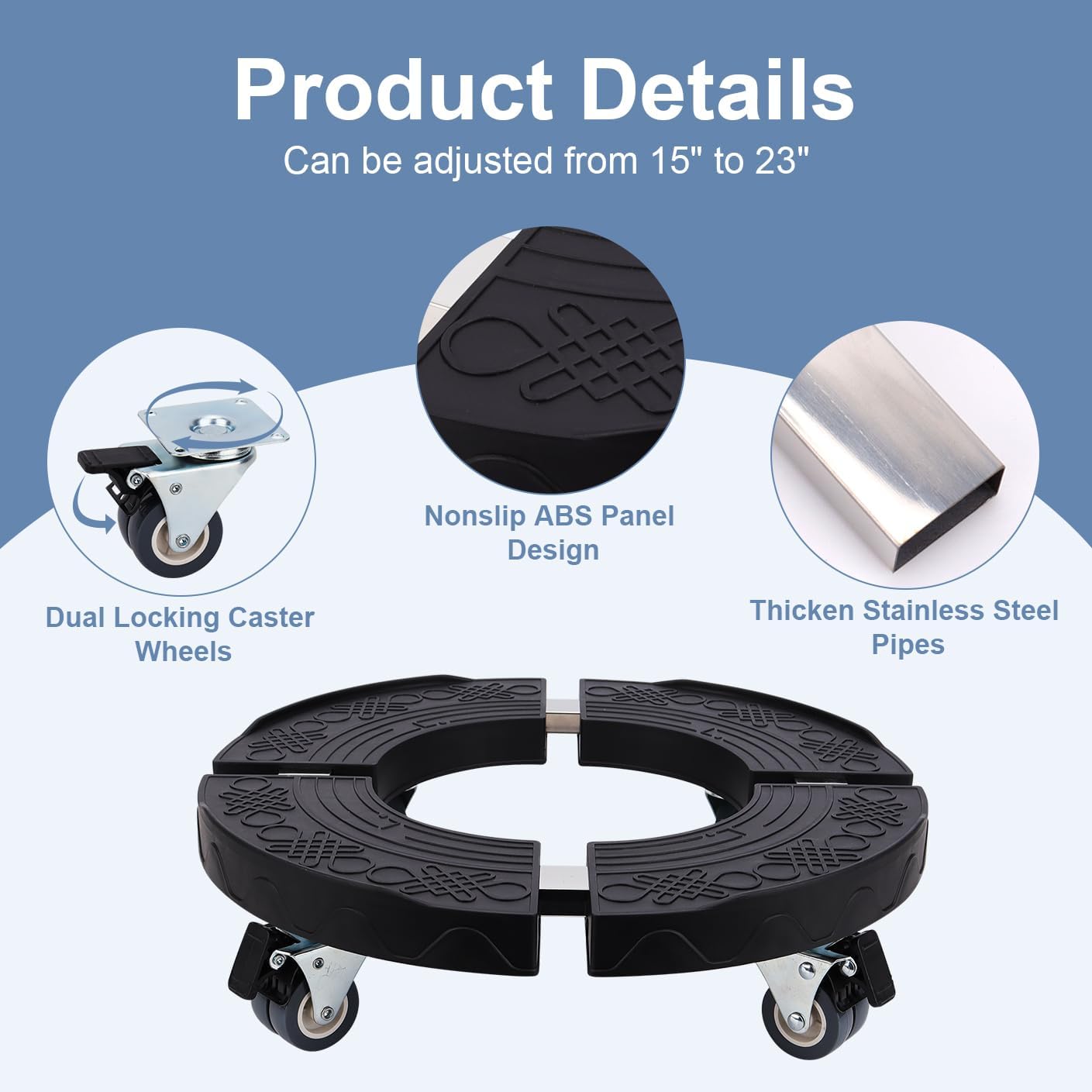 Commercial Products Trash Can Dolly with 4 Wheels - Adjustable 440lbs Load Capacity Heavy Duty Wheels for Barrel Dolly: 15-23 Inch Round - Multi Functional Plant Black