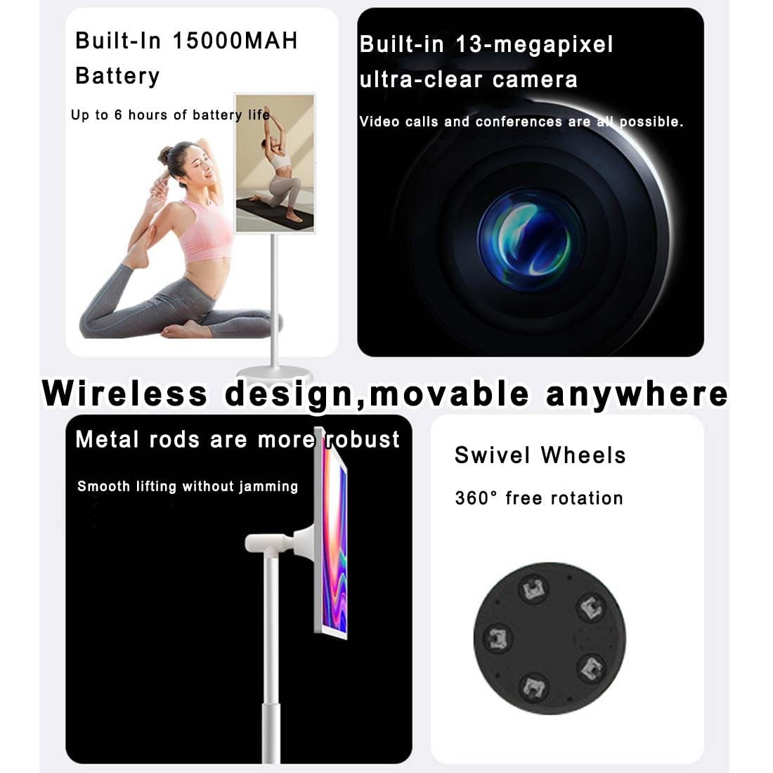 Smart TV Portatile Da 32 Pollici Su Ruote,Monitor Touchscreen 4k Uhd Con Operativo Android,Supporto Girevole Completo Con Ruote,Trasmissione Wireless,Batteria Integrata,8+128 GB