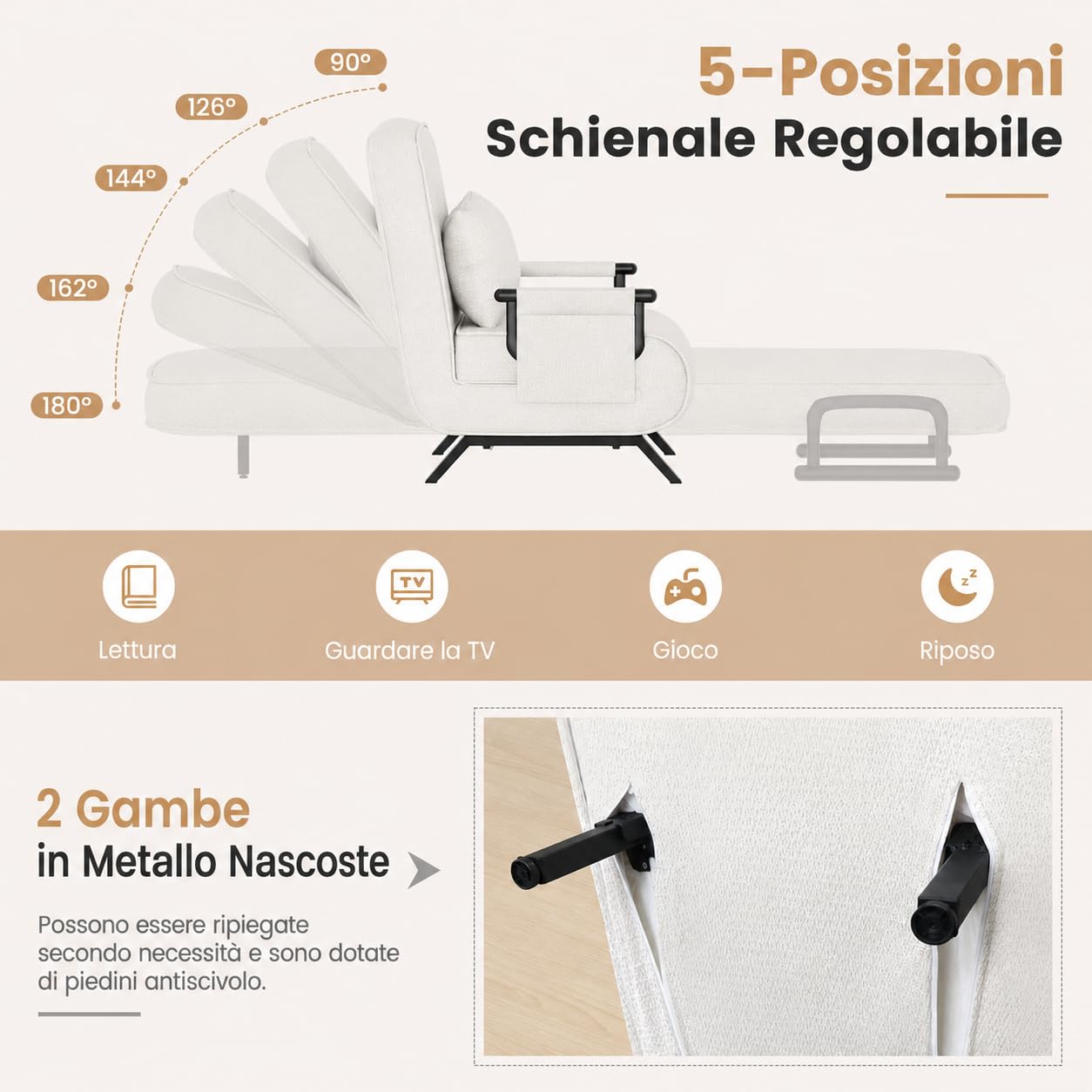 YOUDENOVA Poltrona Letto, Divano con Funzione Letto, Divano Letto con Schienale Regolabile, Divano con Tasche Appendibili, Divano Pieghevole, Letto per Ospiti, Chenille, 190 x 69 cm, Beige