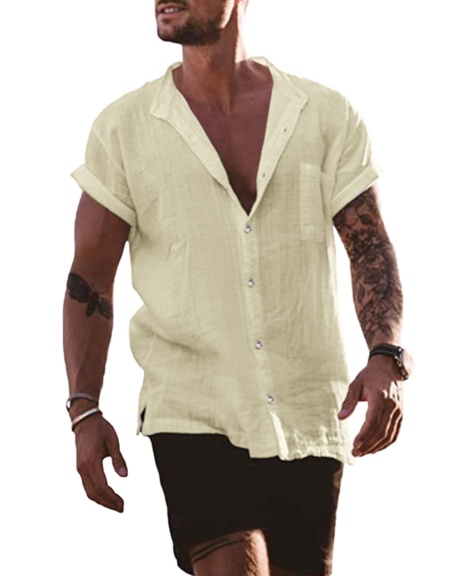 YAOBAOLE Camisas para hombres camisa de manga larga para hombre camisa de lino de algodón Henley Fit camisa casual camisas