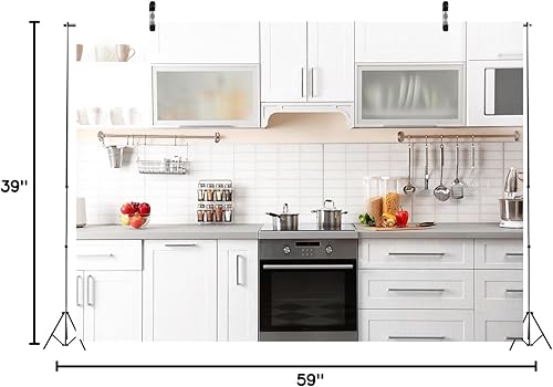 Miniatura 8 de BELECO Telón de fondo de cocina de tela de 10 x 6.5 pies, fotografía de casa moderna, fondo blanco de pared de cocina para hornear, cocina,