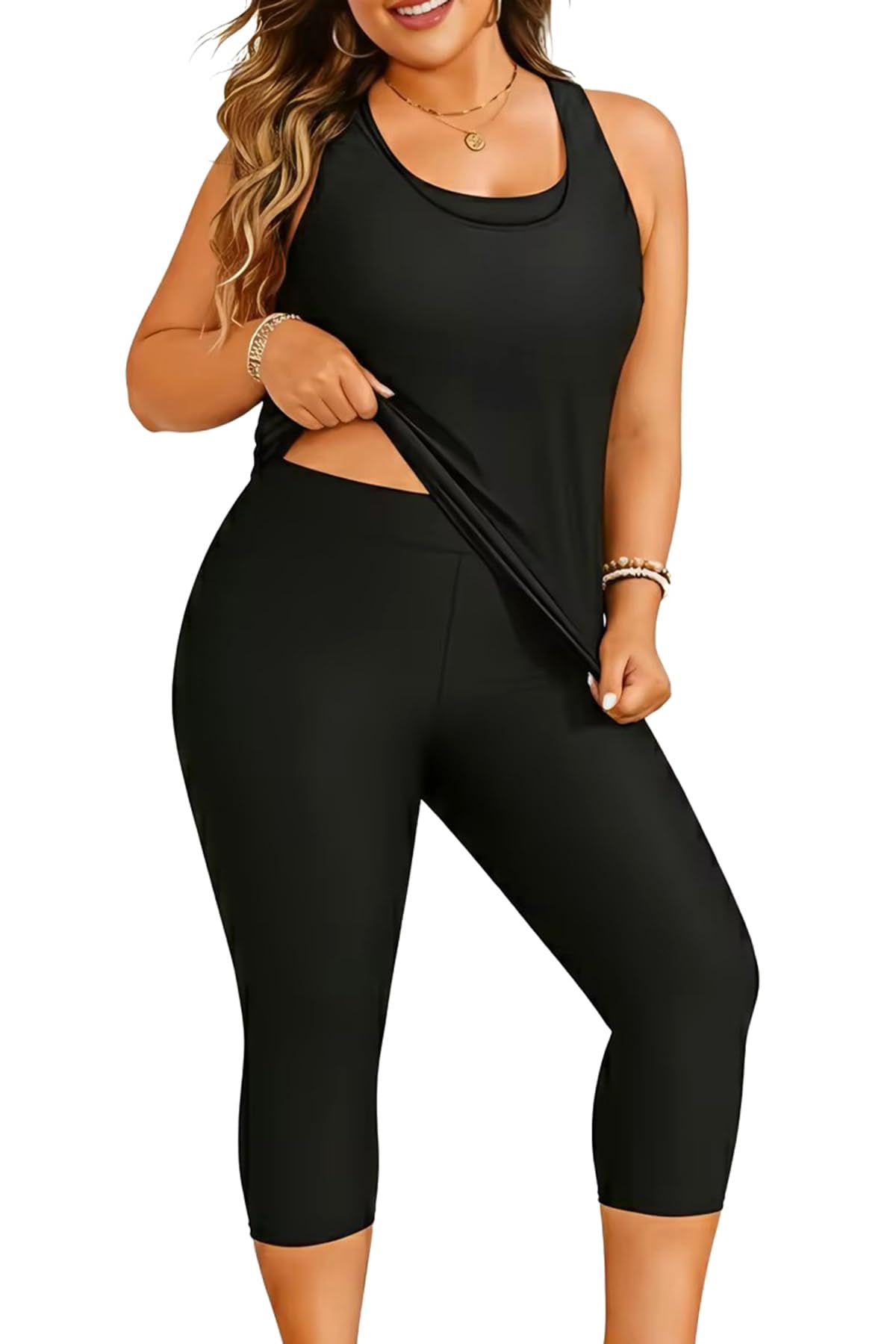 Yonique 3 Piece Plus Size Swimsuits for Women Tankini Tops with Sports Bra and Swim Capris Athletic Bathing Suits