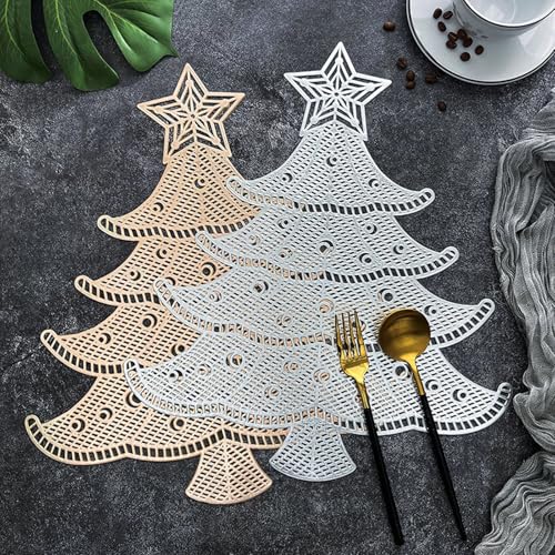 Set de table anti tache imperméable sapin de Noël argenté en PVC résistant