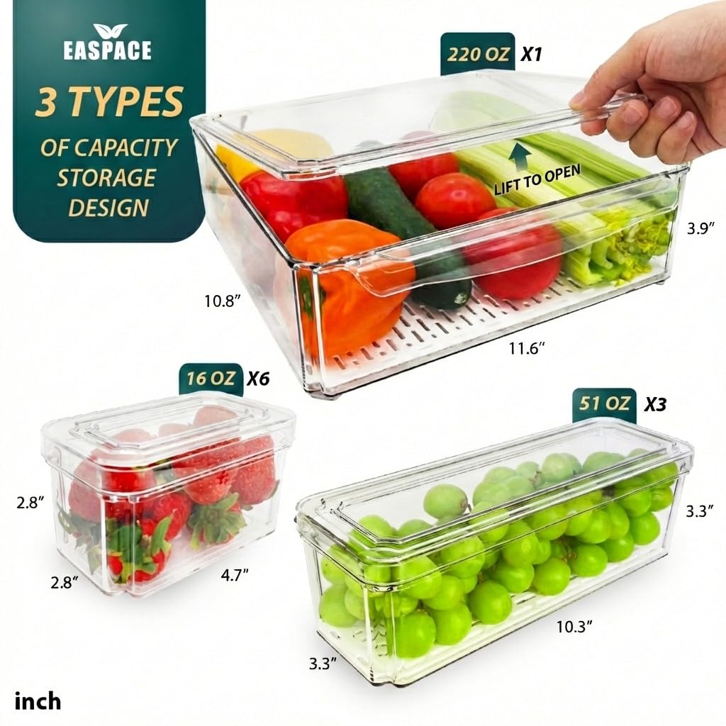 Paquete de 10 contenedores organizadores transparentes para refrigerador con tapas y agujeros de drenaje, juego de recipientes apilables, recipientes de almacenamiento de plástico sin BPA para