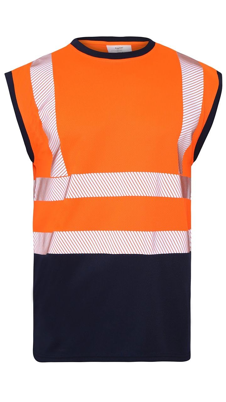 Candid Styles® Hi Vis Viz Work Utility Sleeveless Vest, High Visibility Round Neck Safety Security Workwear Reflective Double Tape Tank Top (Orange-Navy, 3X-Large)