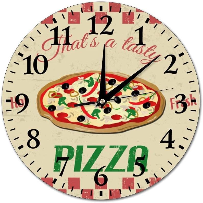 Mesllings Funny Pizza Wall Clock 10 Inch Modern PVC Round Wall Clock Non-Ticking Battery Operated Silent Movement Wall Clock for School, Home, Restaurant, 113401