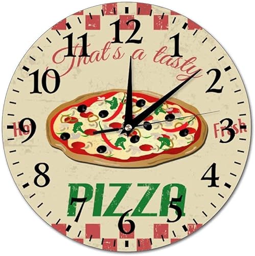 Mesllings Funny Pizza - Reloj de pared redondo de PVC de 10 pulgadas, moderno, sin tictac, funciona con pilas, reloj de pared silencioso para