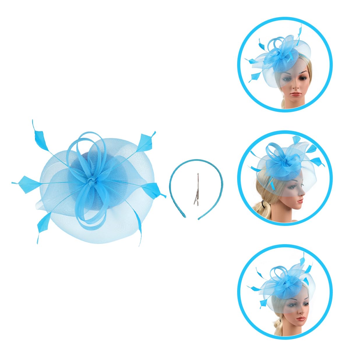 minkissy 4pezzi Fascinator Rete Fiore e Piume Copricapo Elegante per Matrimoni e Tea Party Accessorio Femminile per Cerimonie e Feste Lago