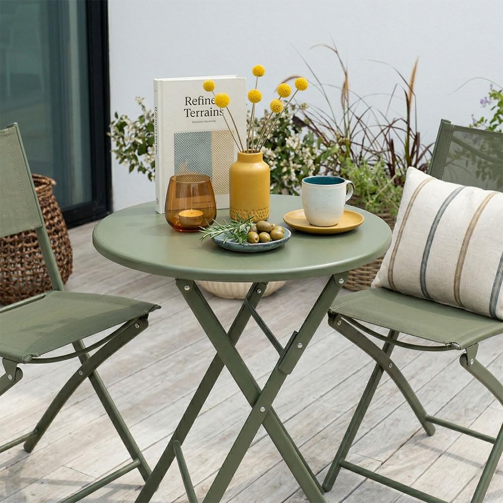 UBERTI. Set Bistrò Pieghevole Balcone Tavolino Rotondo Metallo 2 Sedie Metallo Textilene Verde Oliva