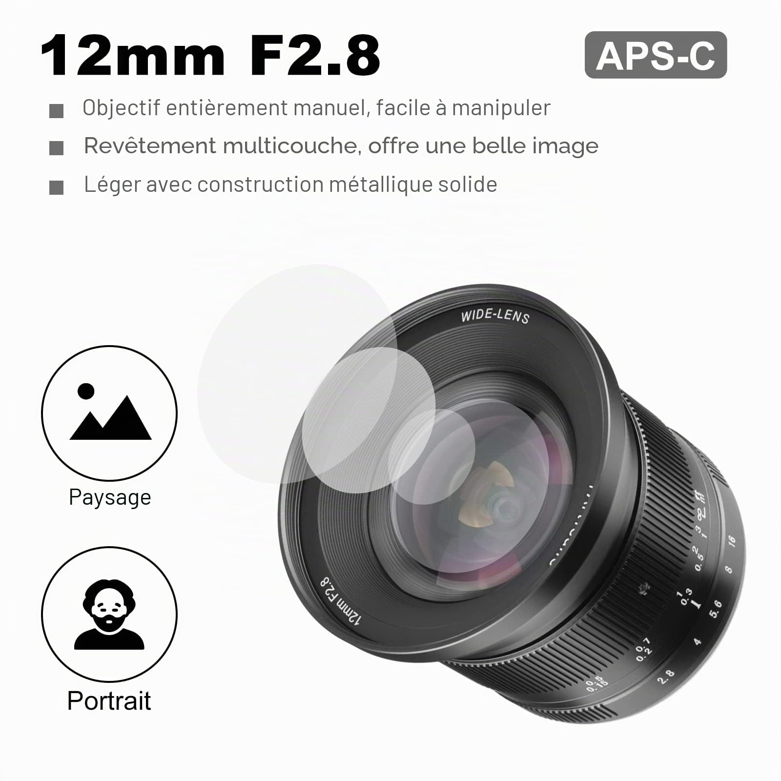 7Artisans Objectif 12 mm F2.8 Mark Ⅱ Ultra Grand Angle APS-C Mise au point manuelle Compatible avec les appareils photo sans miroir Olympus et Panasonic MFT M4/3