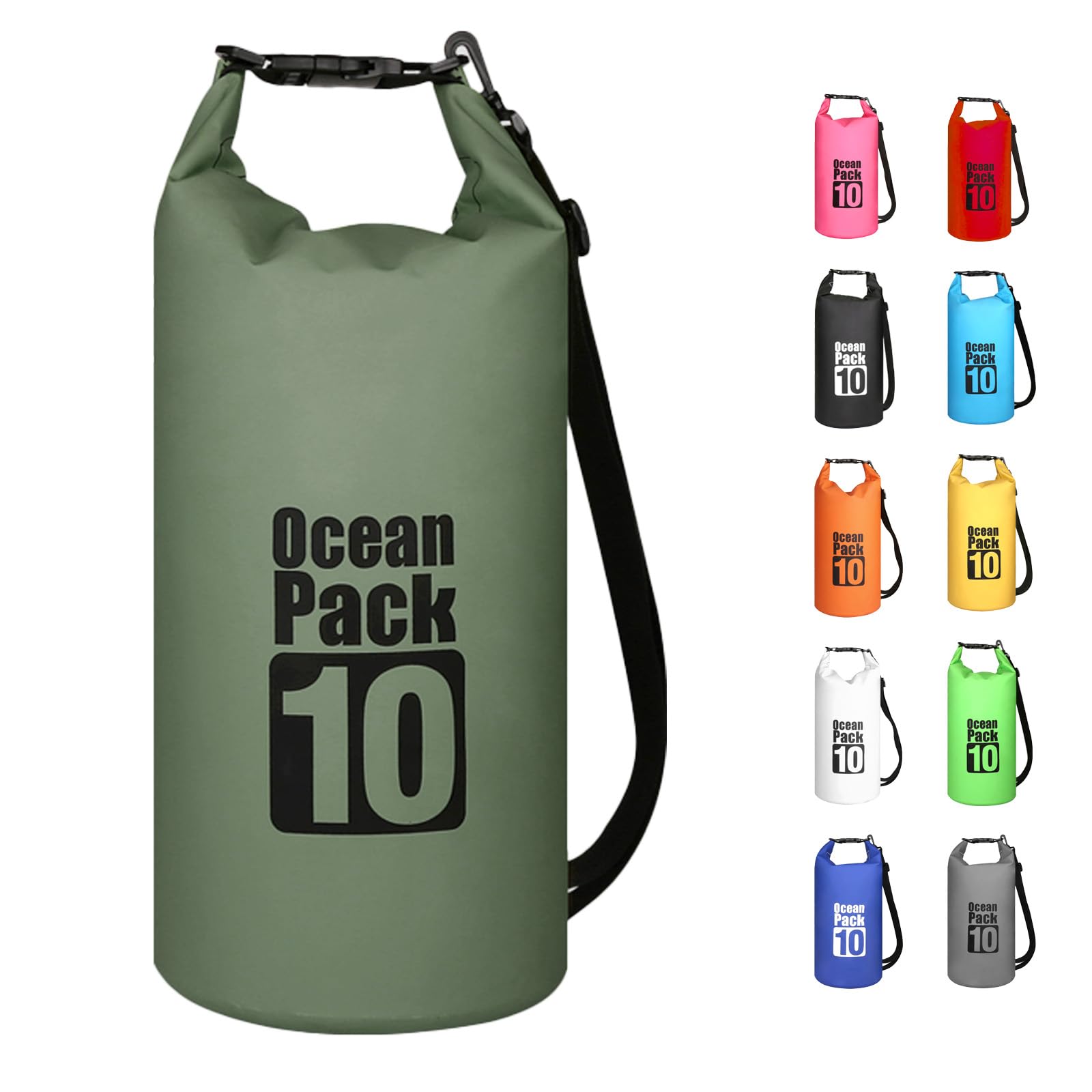MORAINJAY 10L Sage Green Dry Bag,Waterproof Bag with Single Adjustable Shoulder Strap,Middle Capacity Dry Sack 2L 5L 10L 15L 20L 30L for Outdoor Camping,Rafting,Swimming,Boating,Surfing