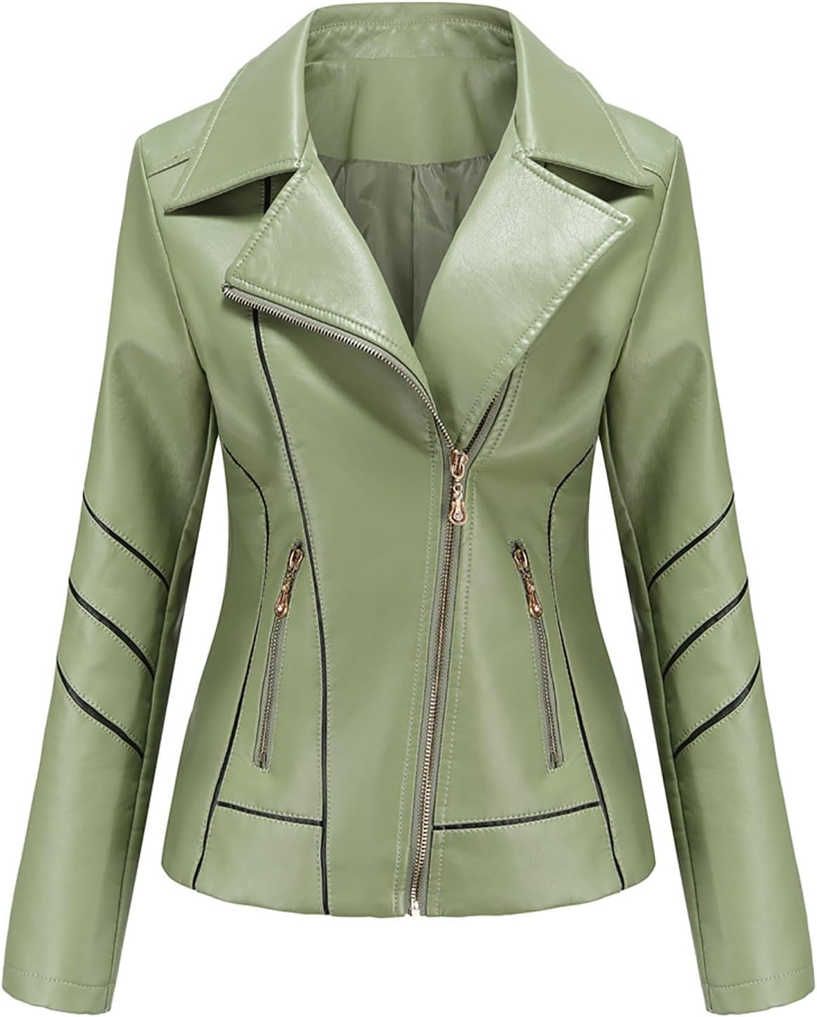 Women Faux Leather Bomber Jackets Full Zip Lapel Vintage Casual Moto Crop Coat Loose Long Sleeve Outerwear with Pockets