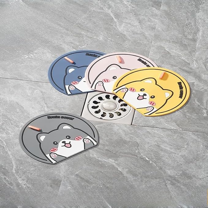 Cute Cartoon Pet Silicone Floor Drain Cover, Anti-Odor Insect-Proof Sewer Seal Stopper for Bathroom & Washroom (Pink)