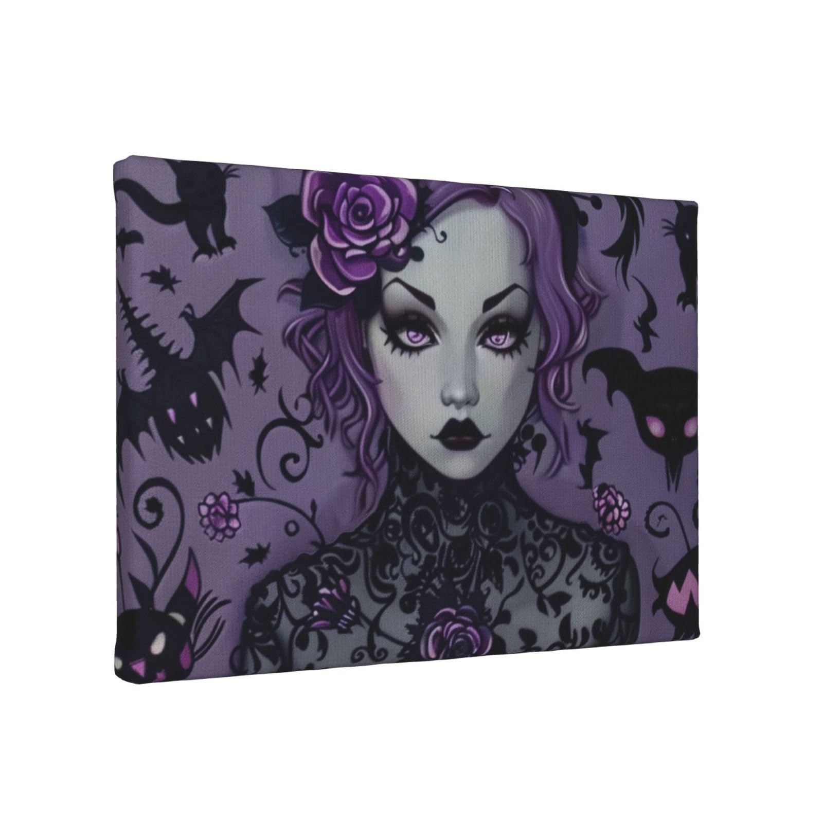YKLJG Purple Black Goth Spooky Printed Wall Art Canvas Painting 30x20 CM Wooden Framed Picture Painting Artwork Prints for Bedroom Kitchen Home Office Decor