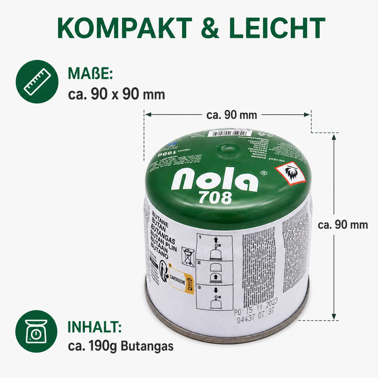 NOLA 12 x 190g Stechgaskartuschen Butangas EN417 Wintergas für Campingkocher, Lötbrenner, Gaslampe und Abflammgerät, Camping Gas Cartridge, Butane Gas, Made in Europe Art. 708