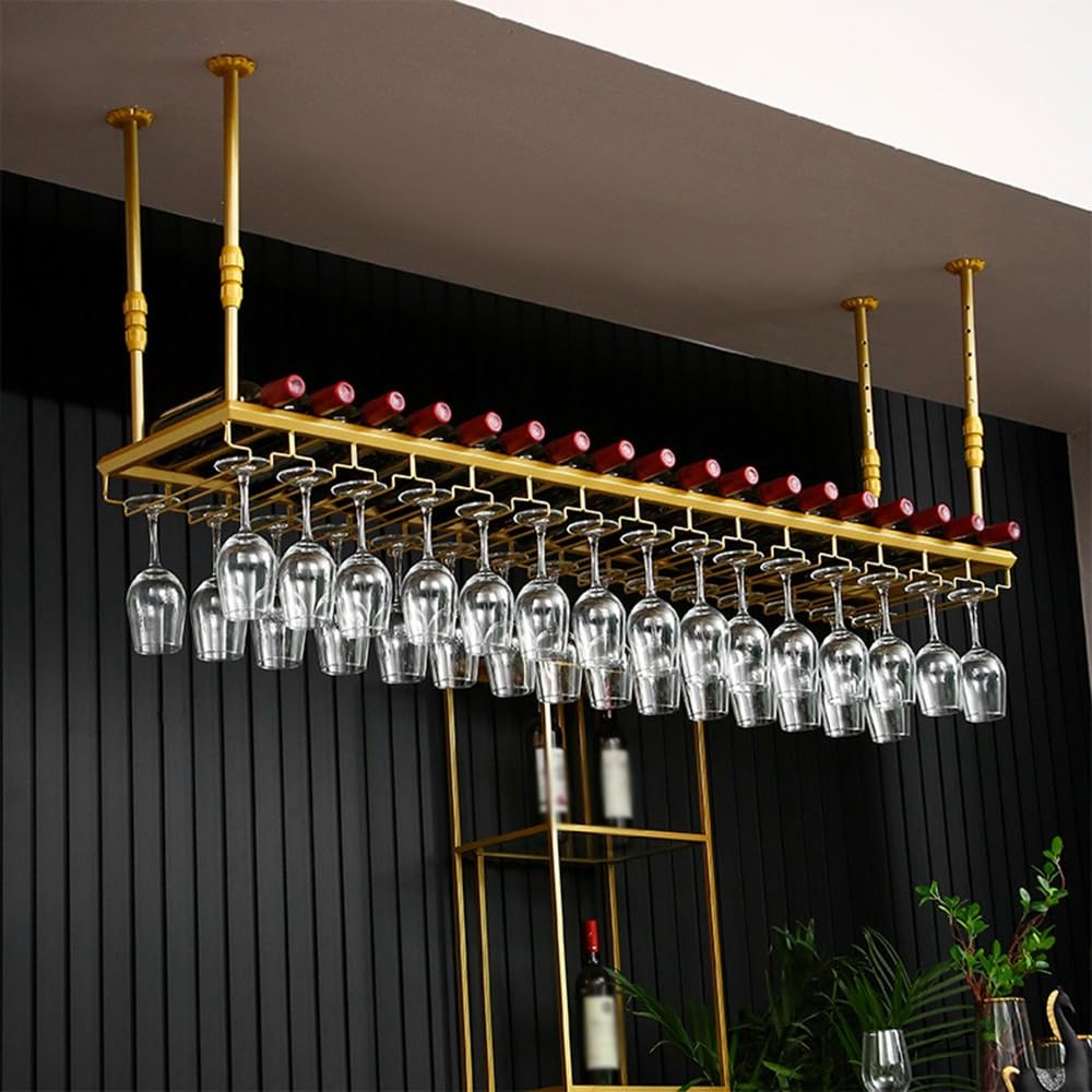 Soporte colgante de metal para copas de vino de altura ajustable, estante de techo de estilo industrial para bar, escritorio o club, organizador de copas de vino seguro y moderno