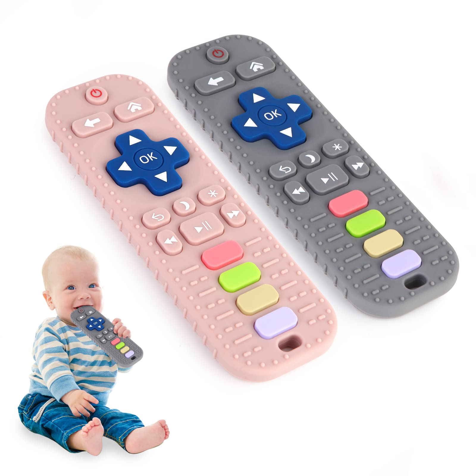Hooku 2 Pack Silicone Teething Toys for Babies 0-6 Months, Teethers 6-12 Remote Teether Baby, Sensory Babies, Baby Chew Toys, Toddler Infant Newborn Girl Boy, Pink-Gray